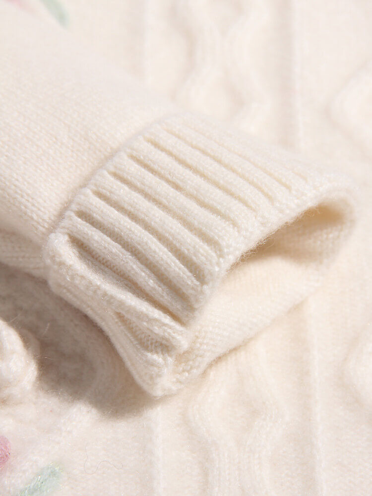 Girls Ivory 3D Floral Embroidery Cable Knit Cashmere Sweater